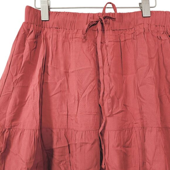 Women's  Pleated Midi  Skirt Drawstring Elastic Waist Red Red Brown Medium - Picture 2 of 8